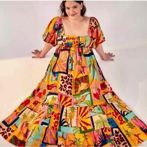 NEW FARM Rio Tropical Collage Midi Dress Puff Sleeves Tiered Colorful Size M